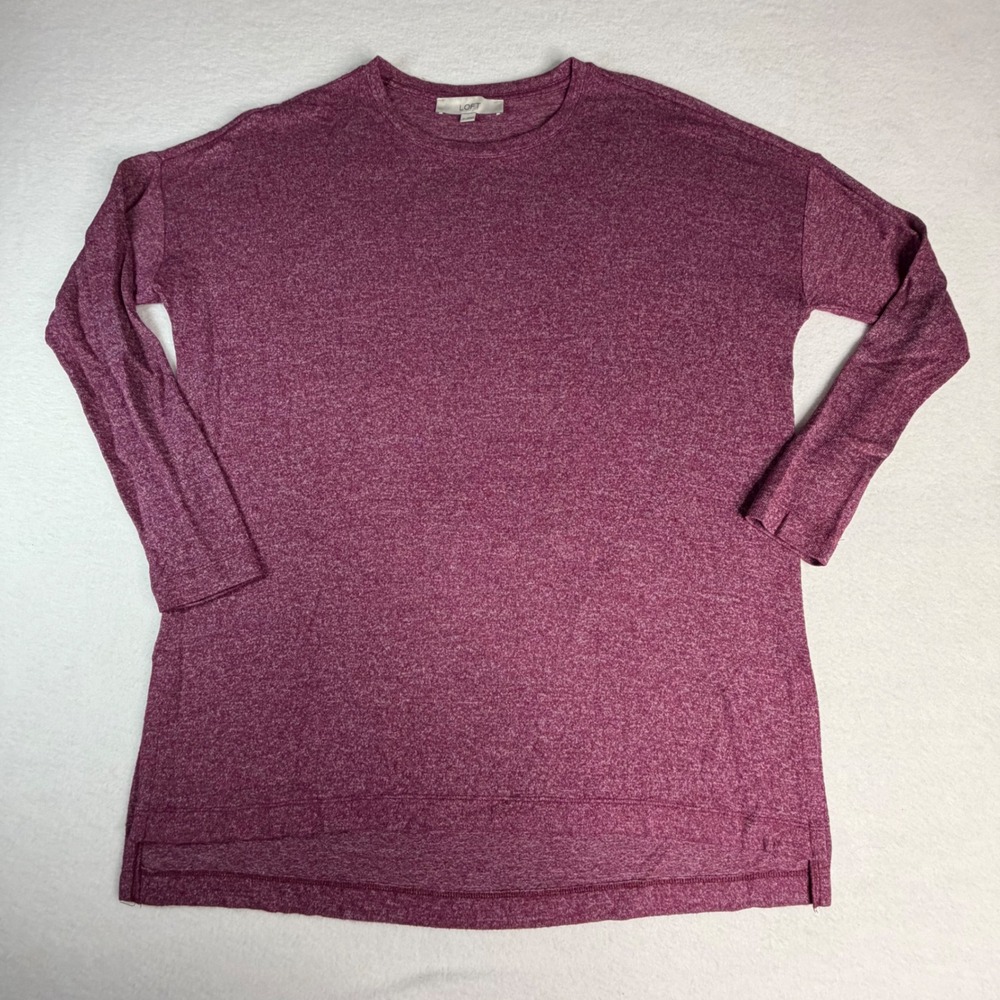 Loft Womens Long Sleeve Relaxed Tunic Top Berry Pink Heathered Size M High Neck